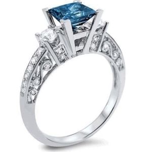 Sterling Silver Square Blue Crystal Ring, size 9